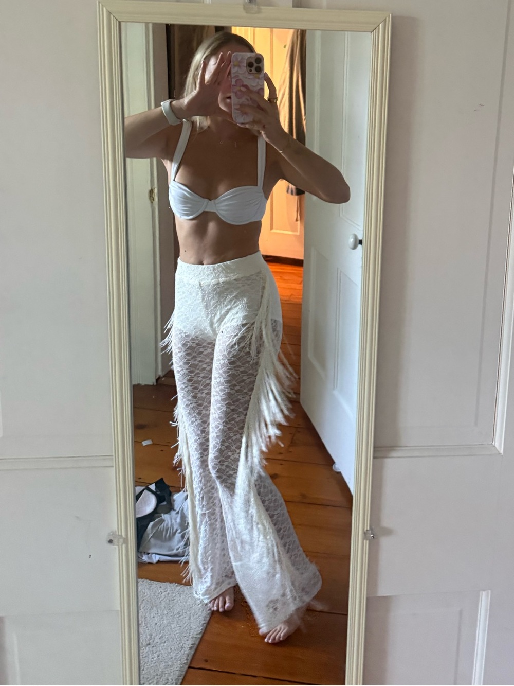 12th Tribe White Crochet Fringe Wide Leg Pants - Picture 4 of 4